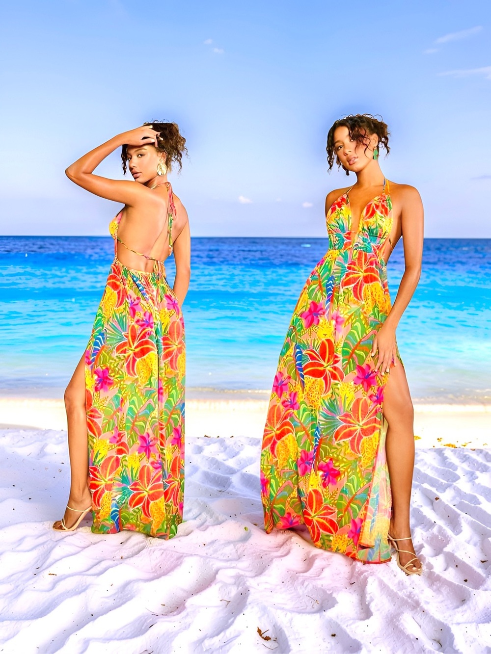 NWT✨STUNNING Tropical Print Split Thigh Halter Neck Backless Dress